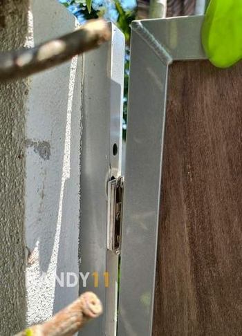 The gap between a door and a frame to repair. Green plants around.